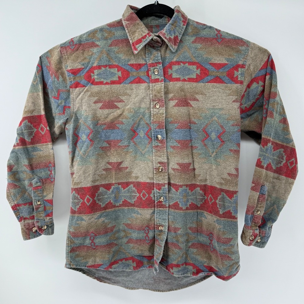 Cabelas Mens Southwestern Flannel Med Geometric Aztec Cotton Brown Red Vintage